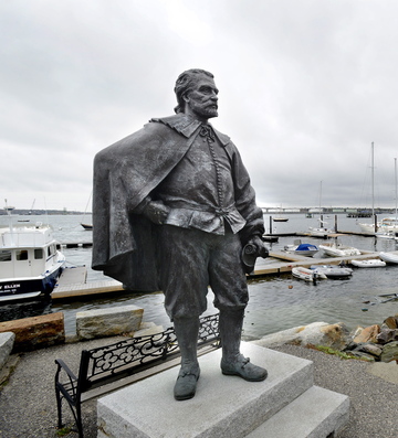 This statue of George Cleeve, one of Portland’s founders, stands on private property at Portland Yacht Services. A writer suggests that decisions about public art should be based on fact instead of rumor.