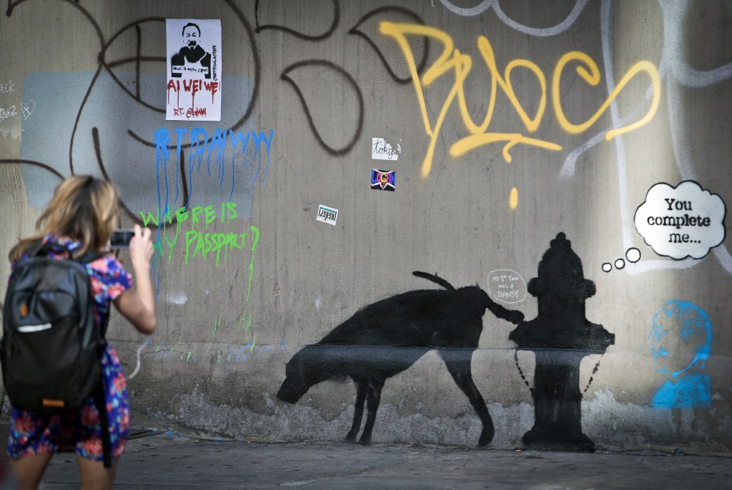 Graffiti by the secretive British artist Banksy, featuring a dog and a fire hydrant, draws attention on 24th Street in New York City earlier this month.