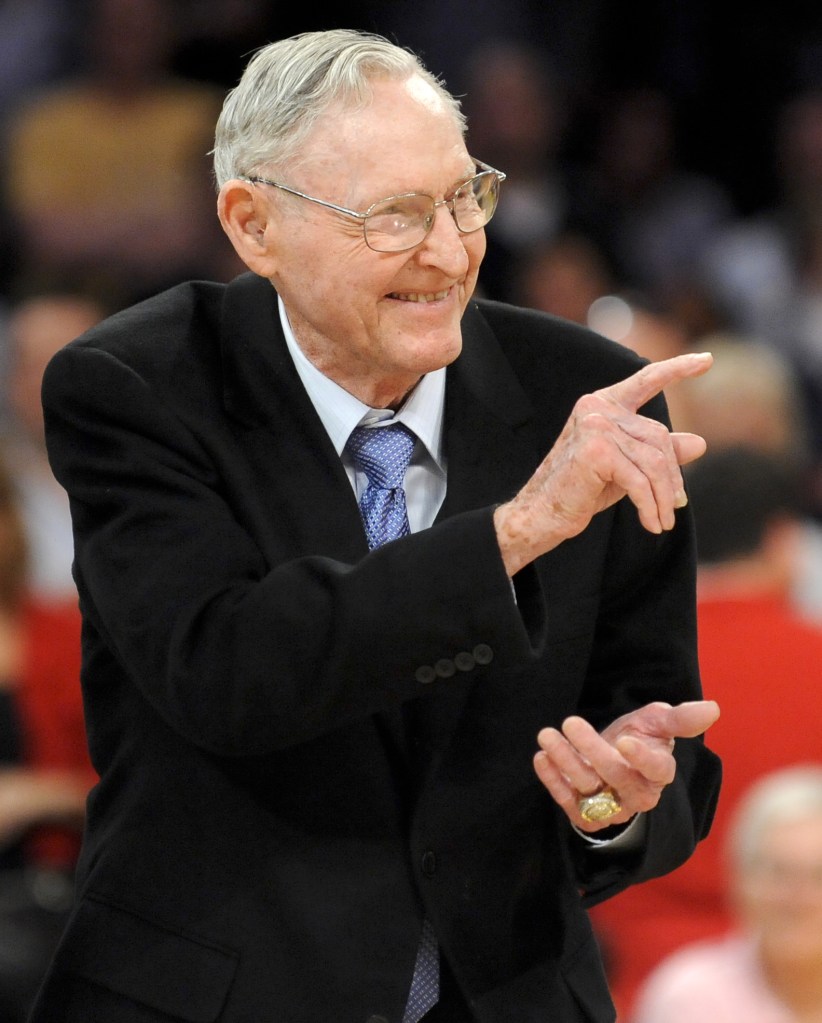 Coach Bill Sharman gestures as he is honored on April 6, 2012, along with other members of the 1974 Los Angeles Lakers championship team.
