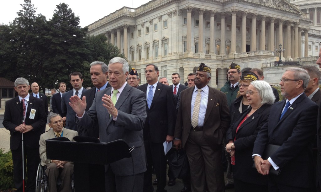 Rep. Mike Michaud of Maine speaks Wednesday on behalf of a bill that would provide expanded advanced funding for veterans programs in order to safeguard military retirees from the effects of federal shutdowns.