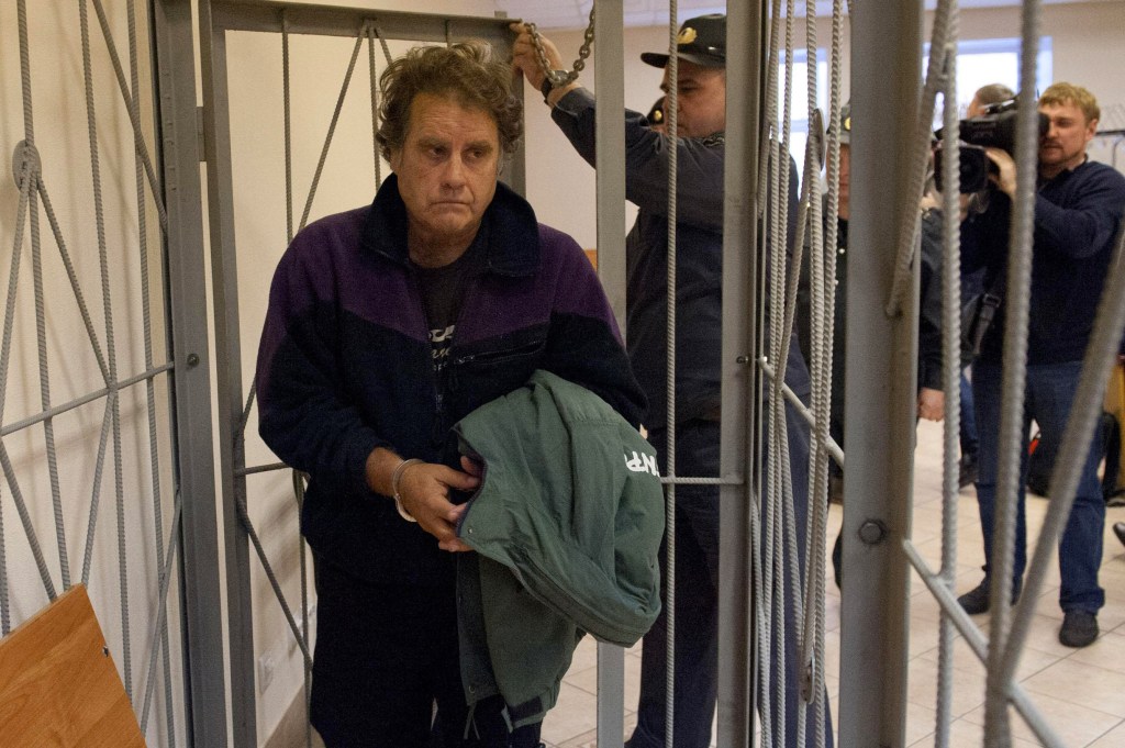 Associated Press File Photo/ Greenpeace International Arctic Sunrise Captain Peter Willcox, whose wife, Maggy Willcox, lives in Islesboro, arrives for his bail hearing at a court in Murmansk, Russia, on Oct. 14.