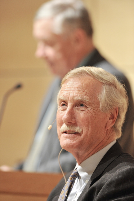 Independent U.S. Sen. Angus King of Maine speaks Thursday at the University of Southern Maine’s Hannaford Lecture Hall.
