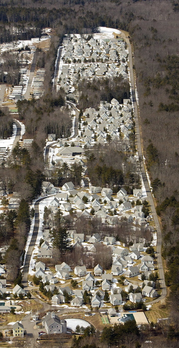 Gabe Souza/Staff Photographer: The Cottages at Summer Village in Wells are seen in this aerial photograph on March 15, as the town of Wells considered enacting a building moratorium on lodging rooms within 1,000 feet of Route 1.