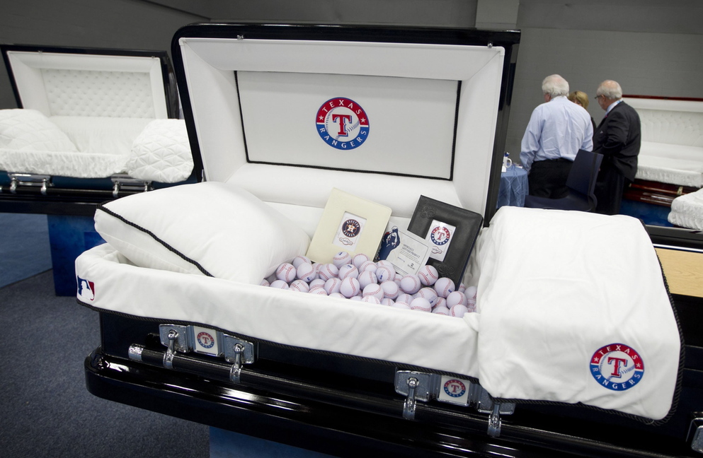 A casket with a Texas Rangers theme is displayed at the National Funeral Directors Association International Convention and Expo in Austin, Texas, on Tuesday. You could, alternatively, be buried at sea in an urn made of salt, or have your ashes scattered from a helium balloon.