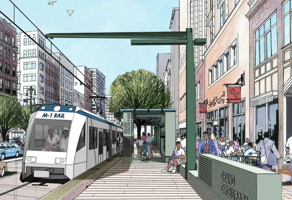 This drawing shows a proposed 3.3-mile streetcar line in downtown Detroit. Some residents fear it will be another People Mover, an earlier project that failed to help the city.