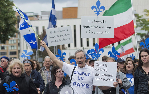 Supporters of a proposed Quebec “charter of values” march in Montreal on Sept. 22 Meanwhile in recent weeks, thousands of Muslims, Jews and Sikhs have marched together through the streets to protest the banning of symbols of religious faith.