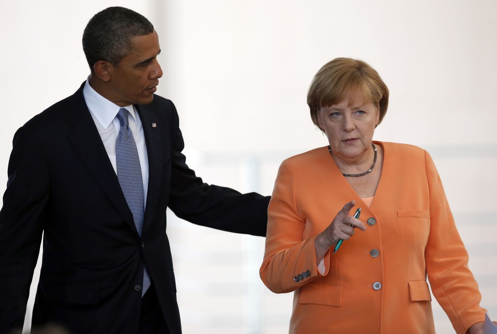 In June, President Barack Obama, left, and German Chancellor Angela Merkel arrive for a news conference at the chancellery in Berlin. Reports based on leaks from former NSA systems analyst Edward Snowden suggest the U.S. has monitored the telephone communications of 35 foreign leaders, including Merkel.