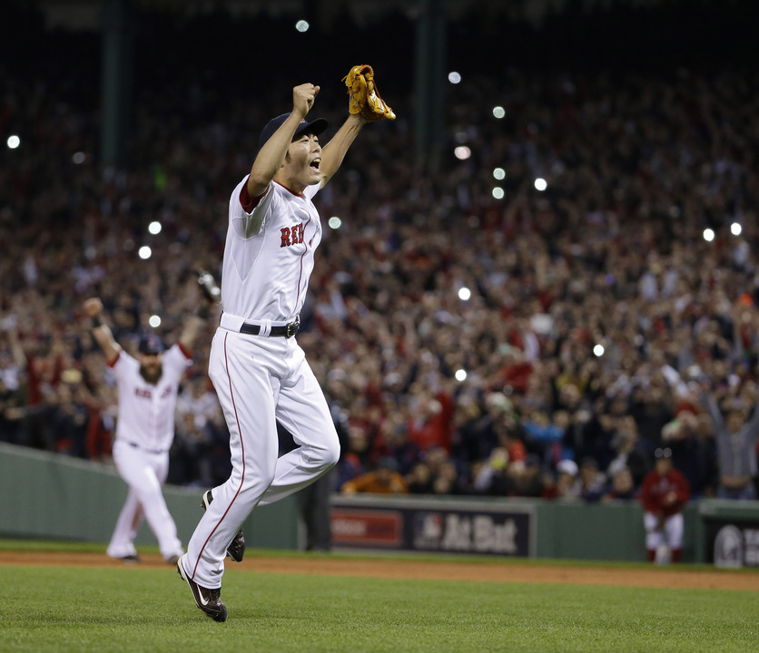 The Associated Press Boston Red Sox relief pitcher Koji Uehara celebrates after the Red Sox beat the Detroit Tigers 5-2 in Game 6 of the ALCS on Saturday. Uehara was named the series’ most valuable player as the Red Sox advanced to the World Series.