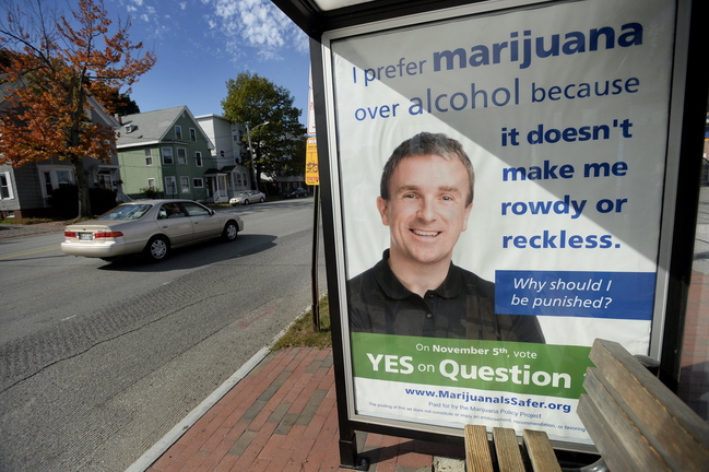 A bus shelter in Portland displays a Marijuana Policy Project political message in support of a referendum instructing city police not to arrest people over 21 for the possession and use of marijuana. The ads, placed on city buses and in city bus shelters, have become controversial.