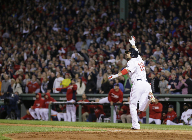 Shane Victorino watches his grand slam in the seventh inning Saturday night that lifted the Red Sox to a 5-2 win over the Tigers and into the World Series for the first time since 2007.