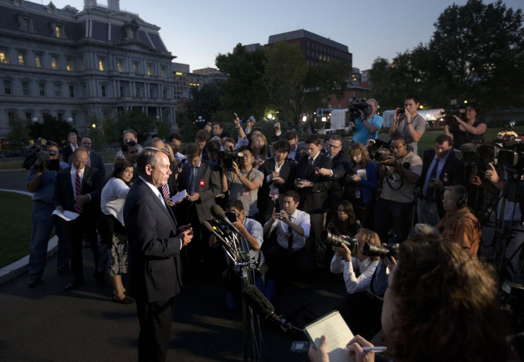 House Speaker John Boehner, R-Ohio, speaks to reporters following a meeting with President Barack Obama at the White House in Washington, Wednesday, Oct. 2, 2013. Obama and congressional leaders met at the White House on the second day of a partial government shutdown.
