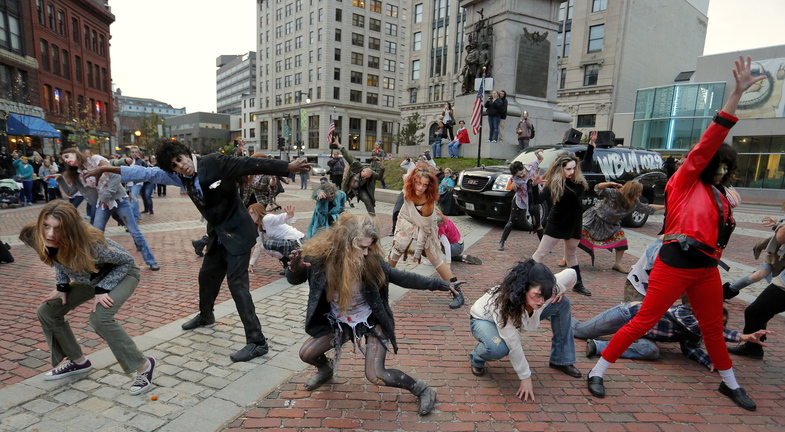 About 40 people responded to a Facebook invitation to create a zombie flash mob in Portland’s Monument Square, and they successful staged a fully-costumed performance of Michael Jackson’s hit song and dance video, “Thriller.”