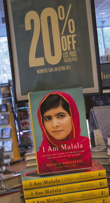 Copies of “I Am Malala”, the memoir by Malala Yousafzai, at a book store in Manhattan Oct. 8, 2013. The book hit shelves around the world on Tuesday. Malala Yousafzai, now a world-famous survivor of a Taliban assassination attempt and activist for girls’ education, is in contention for the Nobel Peace Prize later this week.