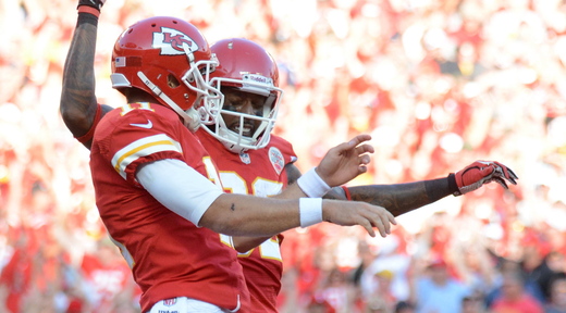 Quarterback Alex Smith, left, receiver Dwayne Bowe and the rest of their teammates have had plenty of reason to celebrate during Kansas City’s surprising 7-0 start.