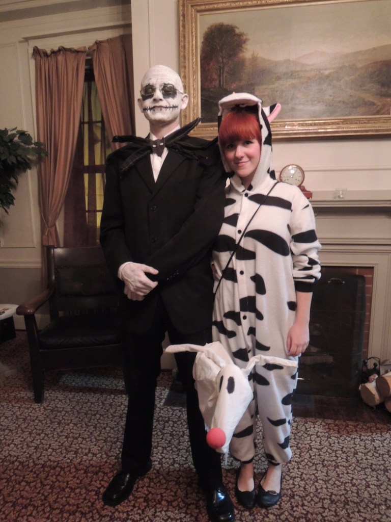 Goodwill employees Manny Archibald and Mindy Heselton color-coordinated as Jack Skellington and a cow.
