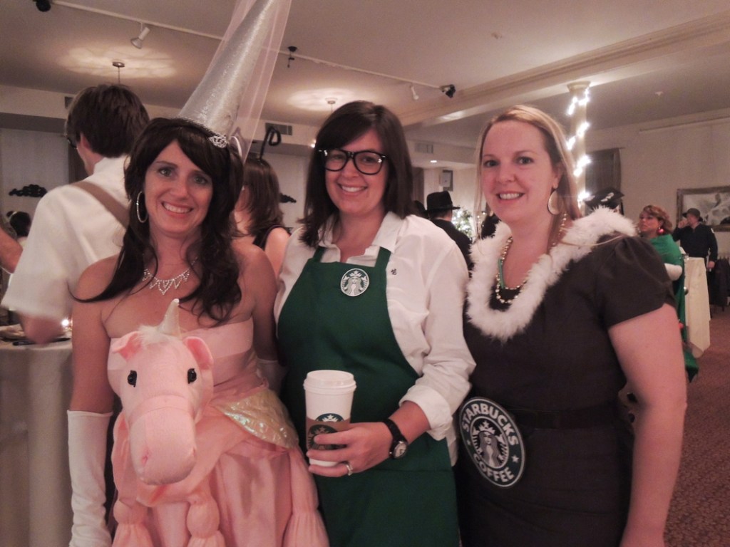 Ondrea Gallivan of Yarmouth, as a pink unicorn, with barista Rhianna Leavitt of Scarborough and latte Liz Smith of South Portland.