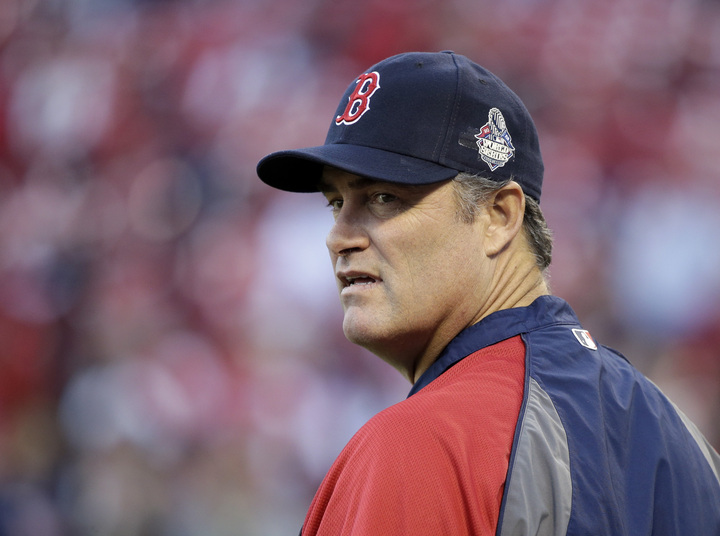 Boston Red Sox manager John Farrell watches during practice before Game 3 of baseball’s World Series against the St. Louis Cardinals Saturday, Oct. 26, 2013, in St. Louis.