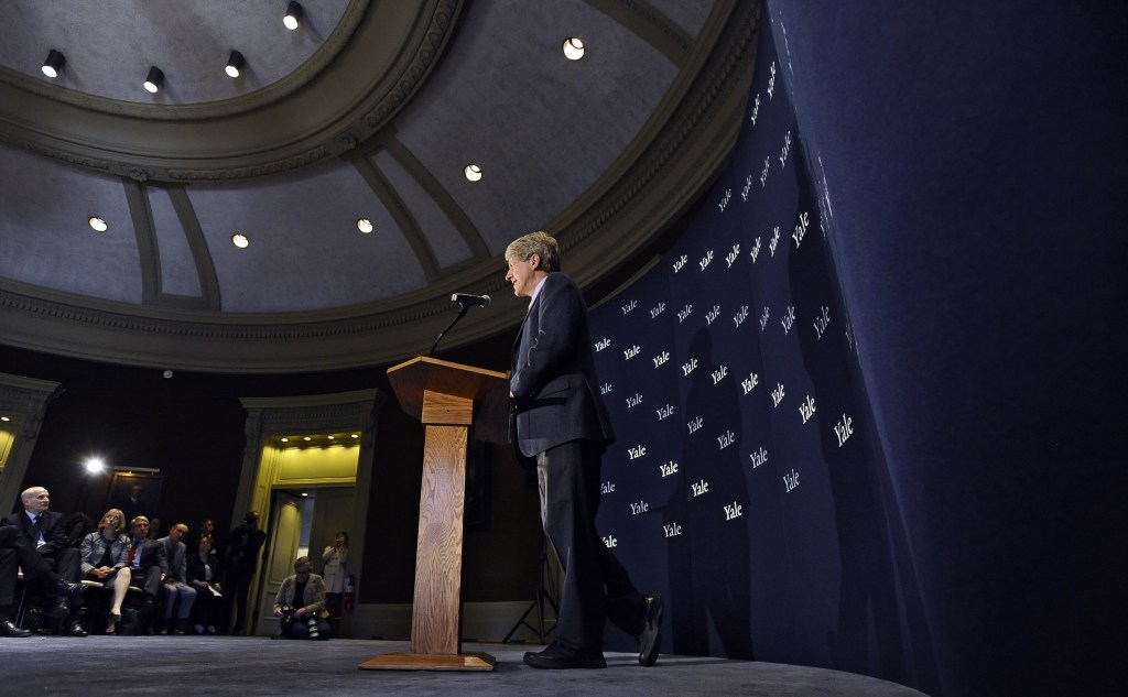 Economist, author and Yale University professor Robert Shiller speaks at a news conference on campus, Monday, Oct. 14, 2013, in New Haven, Conn. Americans Shiller, Eugene Fama and Lars Peter Hansen have won the Nobel prize in economics.