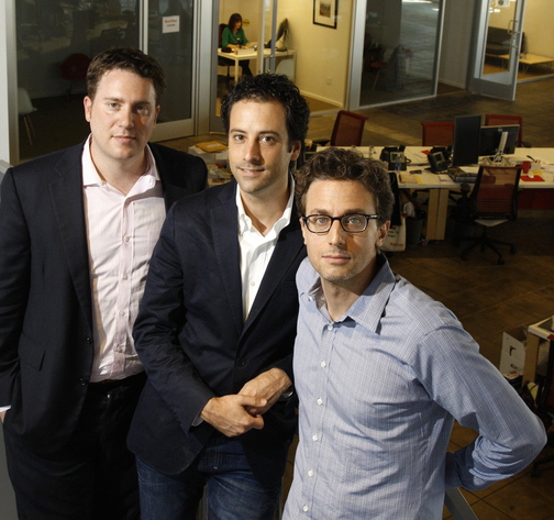 BuzzFeed Editor-In-Chief Ben Smith, left, President and Chief Operating Officer Jon Steinberg, center, and founder and CEO Jonah Peretti appear in their offices in Los Angeles.
