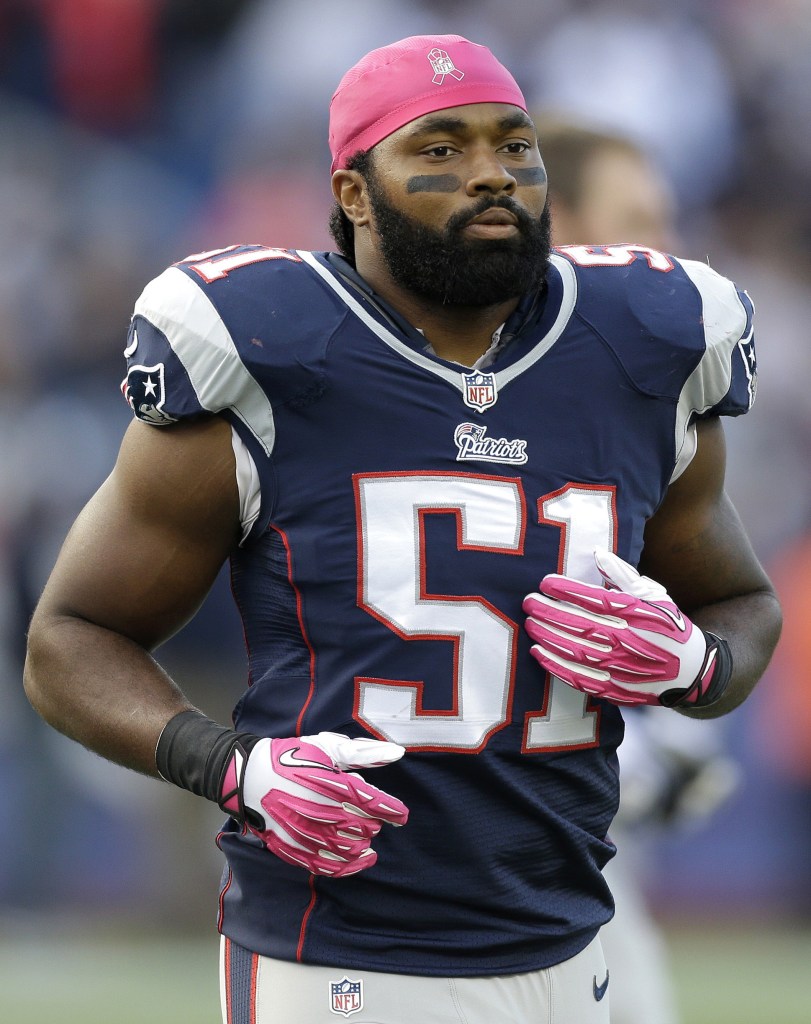 New England Patriots outside linebacker Jerod Mayo warms up on the field before an NFL football game against the New Orleans Saints, in Foxborough, Mass. Mayo suffered a season-ending injury during the game, and the Patriots placed him on the injured reserve list on Wednesday.