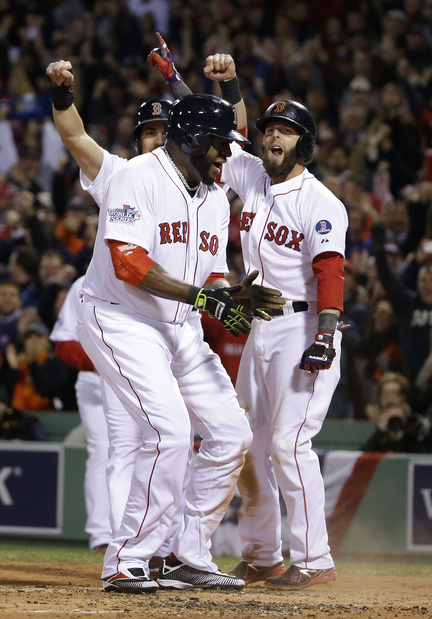 One of those nights at Fenway Park. Everything going right, everyone pleased. But this one came Wednesday in Game 1 of the World Series. David Ortiz, front, celebrates with Dustin Pedroia, right, and Jacoby Ellsbury after scoring on Mike Napoli’s three-run double in the first of Game 1.
