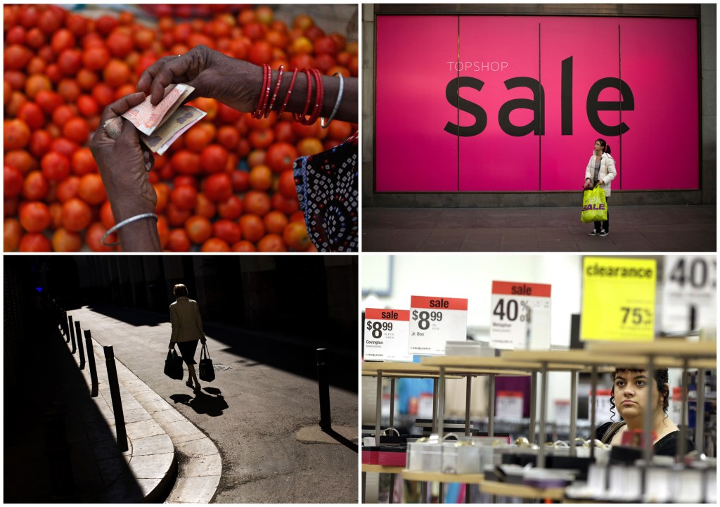 This combination of photos from 2012-2013 shows from top left, a vegetable vendor counting rupees at a market in Allahabad, India, a shopper standing by a sale sign in London, a woman carrying bags with food in Barcelona, and a shopper browsing at a Sears store in Henderson, Nevada. An Associated Press analysis of households in the 10 biggest economies released on Oct. 6, 2013, shows that families continue to spend cautiously in the five years since the U.S. investment bank Lehman Brothers collapsed, triggering a global financial crisis.