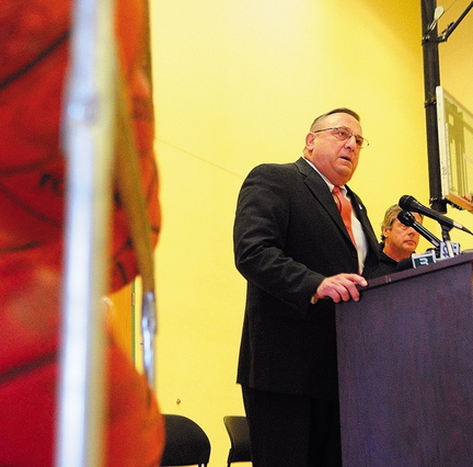 Gov. Paul LePage speaks during an event announcing this year’s Taylor Tip Off on Thursday at the Kennebec Valley YMCA in Augusta. The event has raised $60,000 since 2009.