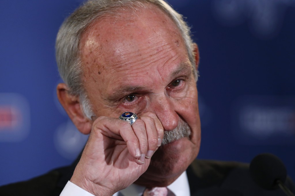 Detroit Tigers baseball manager Jim Leyland announces he is stepping down as manager during a news conference at Comerica Park in Detroit, Monday, Oct. 21, 2013.