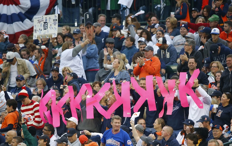 Fans hold up K signs after Detroit Tigers' Justin Verlander strikes out Jarrod Saltalamacchia in the fifth inning Tuesday.