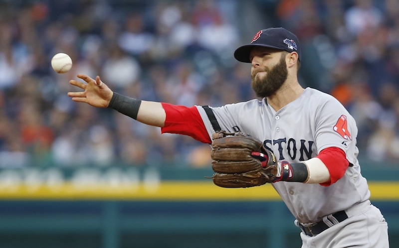 Dustin Pedroia throws out Detroit Tigers' Alex Avila in the fifth inning of Game 3 on Tuesday.