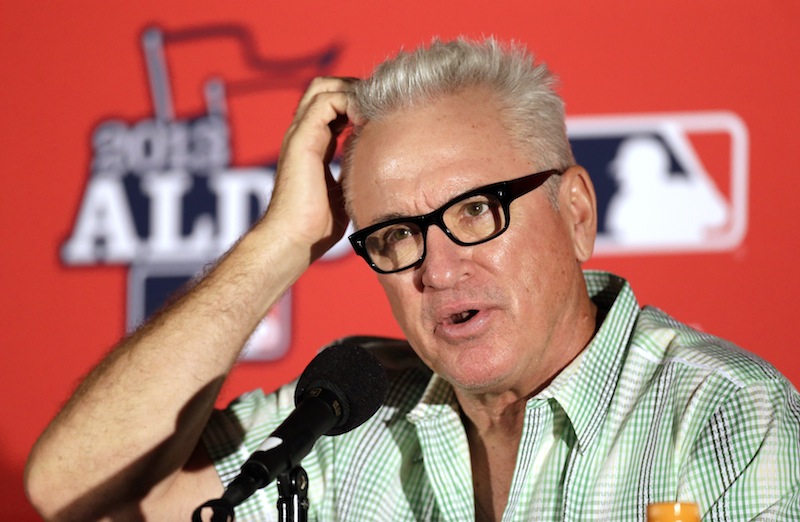 Tampa Bay Rays manager Joe Maddon scratches his head during a news conference before Monday's Game 3 of baseball's American League division series against the Boston Red Sox, Sunday, Oct. 6, 2013, in St. Petersburg, Fla. (AP Photo/Chris O'Meara) Tropicana Field;Tampa Bay Rays