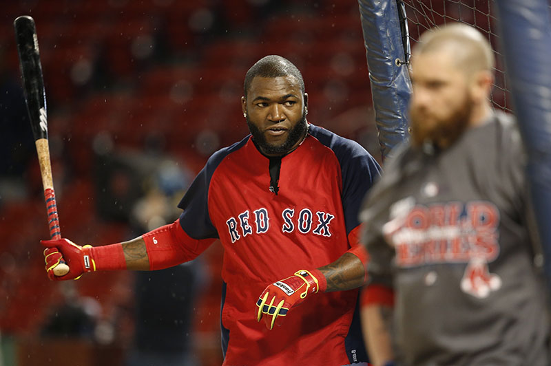 Boston Red Sox's David Ortiz walks into the batting cage during a workout at Fenway Park Tuesday, Oct. 22, 2013, in Boston. The Red Sox are scheduled to host the St. Louis Cardinals in Game 1 of baseball's World Series on Wednesday. MLB