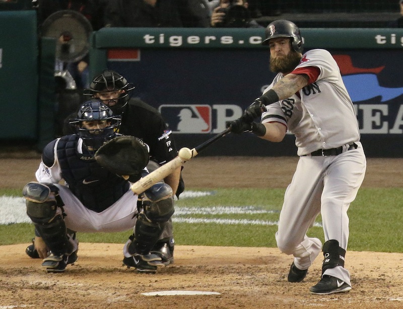 Boston's Mike Napoli hits a home run in the seventh inning of Game 3 of the American League baseball championship series against the Detroit Tigers Tuesday in Detroit.