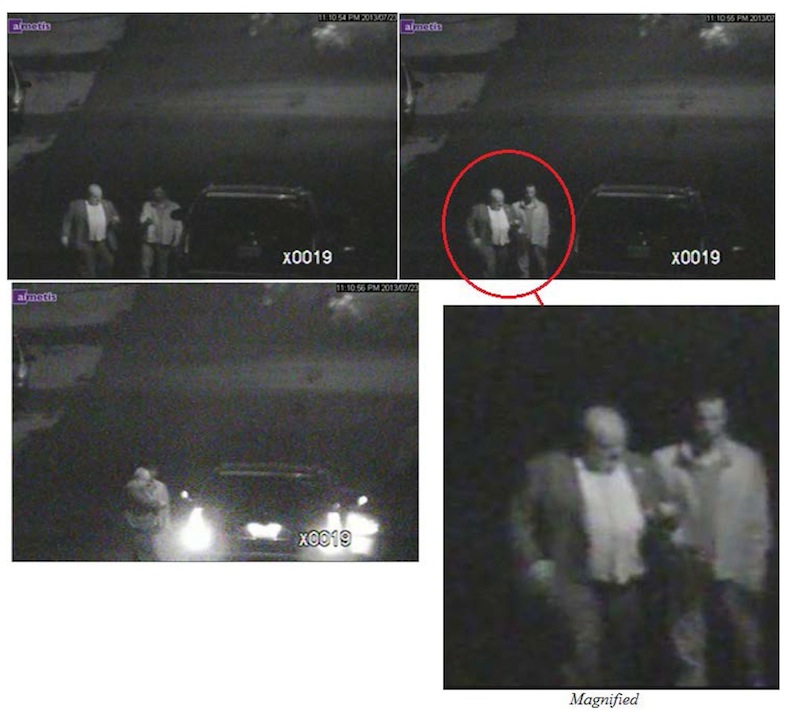 These annotated video frame grab images provided by the Toronto Police Service on Thursday, Oct. 31, 2013, show Toronto Mayor Rob Ford, left, and his close friend, Alexander Lisi. Police say they rummaged through Ford's garbage and conducted a massive surveillance operation monitoring him and Lisi following drug use allegations. The marks seen on the images were drawn by the police. Canada