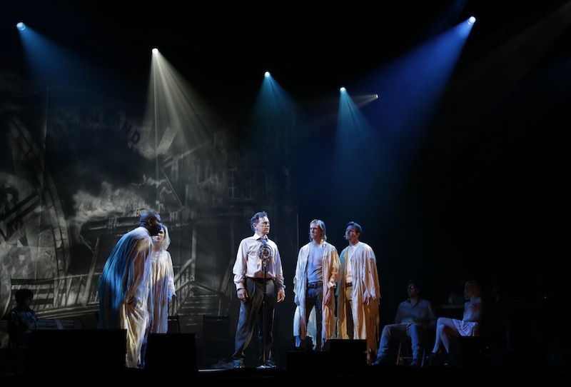 Bruce Greenwood, center, as Joe McCandless, performs Tuesday during a dress rehearsal of "Ghost Brothers of Darkland County" at the Indiana University Auditorium in Bloomington, Ind.
