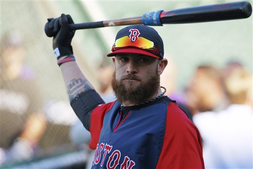 Boston Red Sox outfielder Johnny Gomes warms up before facing the Colorado Rockies in Denver on Sept. 25, 2013.