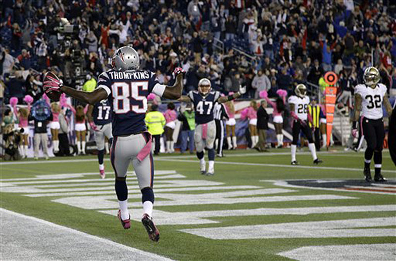 New England Patriots wide receiver Kenbrell Thompkins (85) celebrates his winning touchdown catch against New Orleans Saints in the fourth quarterSunday in Foxborough, Mass. The Patriots won 30-27.