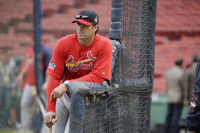 St. Louis Cardinals manager Mike Matheny watches batting practice for Game 1 of baseball's World Series against the Boston Red Sox Tuesday, Oct. 22, 2013, in Boston. MLB