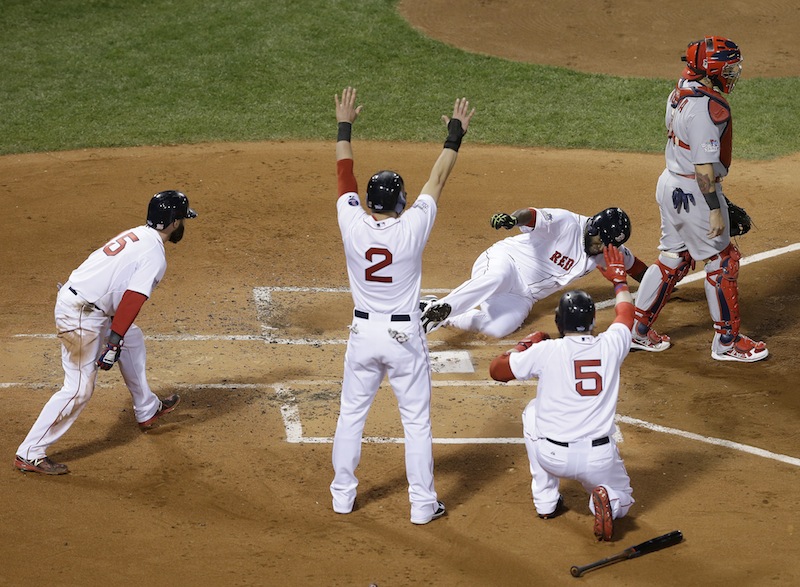 Boston Red Sox's David Ortiz slides home past St. Louis Cardinals catcher Yadier Molina during the first inning of Game 1 of baseball's World Series Wednesday, Oct. 23, 2013, in Boston. Ortiz scored from first on a double by Mike Napoli. MLB