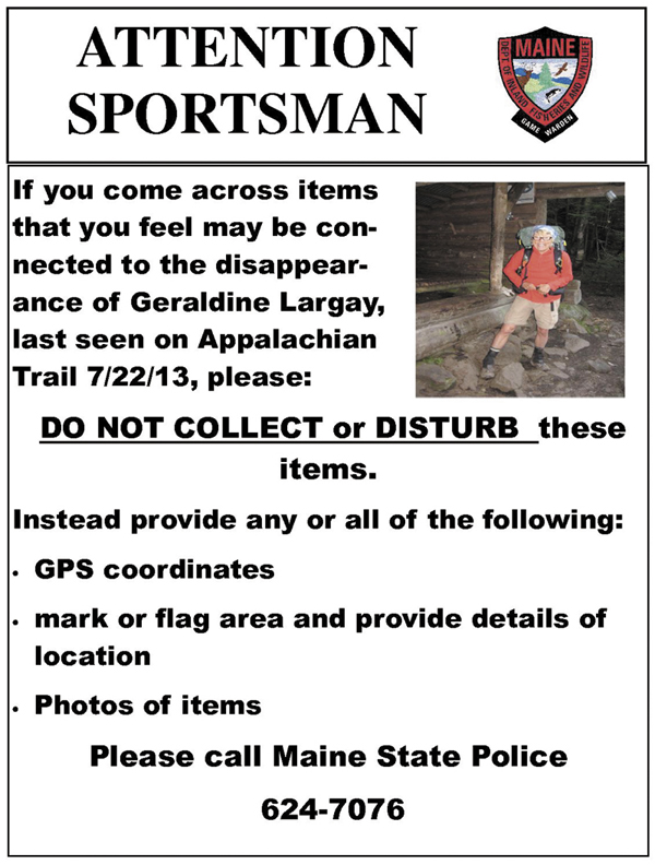 The poster the Maine Warden Service is distributing to seek additional information about missing Applachian Trail hiker Geraldine Largay.
