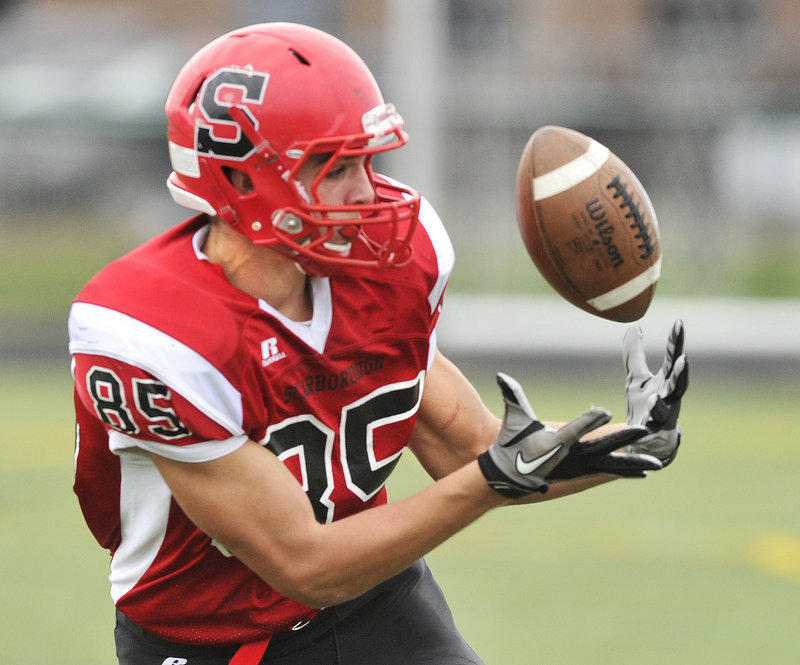 Maybe a bobble, just a bobble, but Scarborough receiver Chris Cyr is able to keep his focus on the football and haul in a catch for a first down.