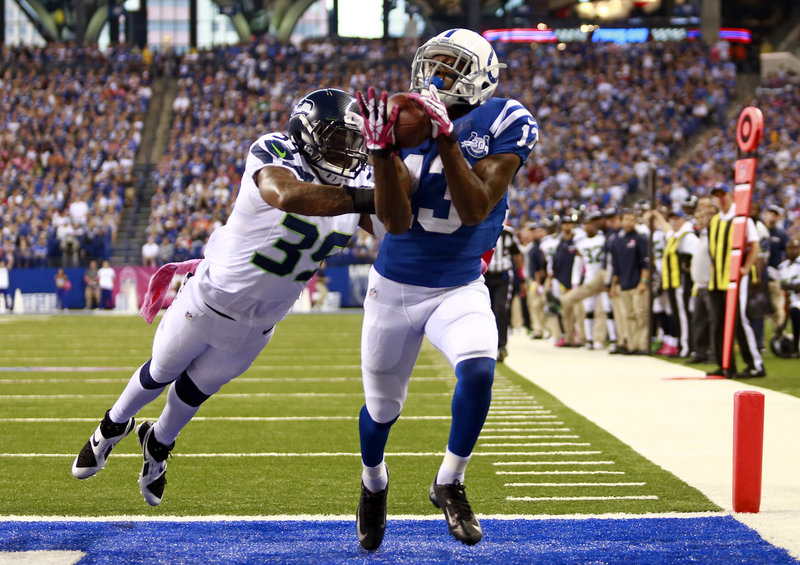 Colts wide receiver T.Y. Hilton catches a touchdown pass from Andrew Luck in the third quarter as Indianapolis came back to beat Seattle 34-28 Sunday.