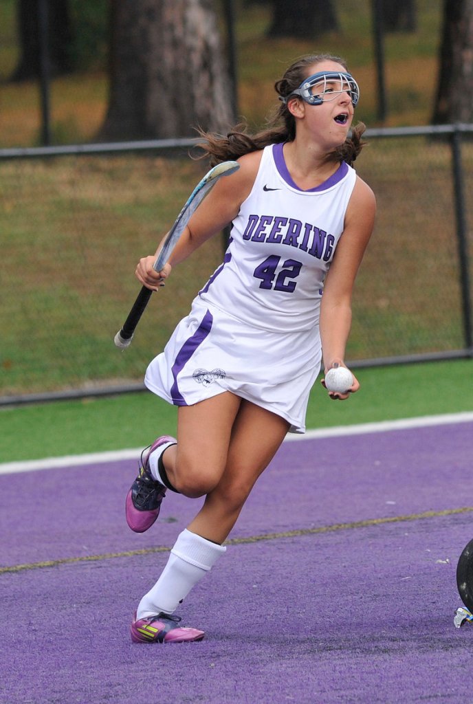 Emily Krabbe celebrates after scoring Deering’s second goal of the game.