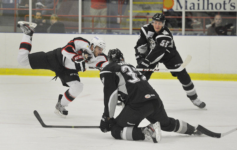 Tobias Rieder, playing his first game in the American Hockey League, finds enough space to get off the shot that gave the Portland Pirates a 1-0 lead Wednesday night in the opener against the Manchester Monarchs in Lewiston.