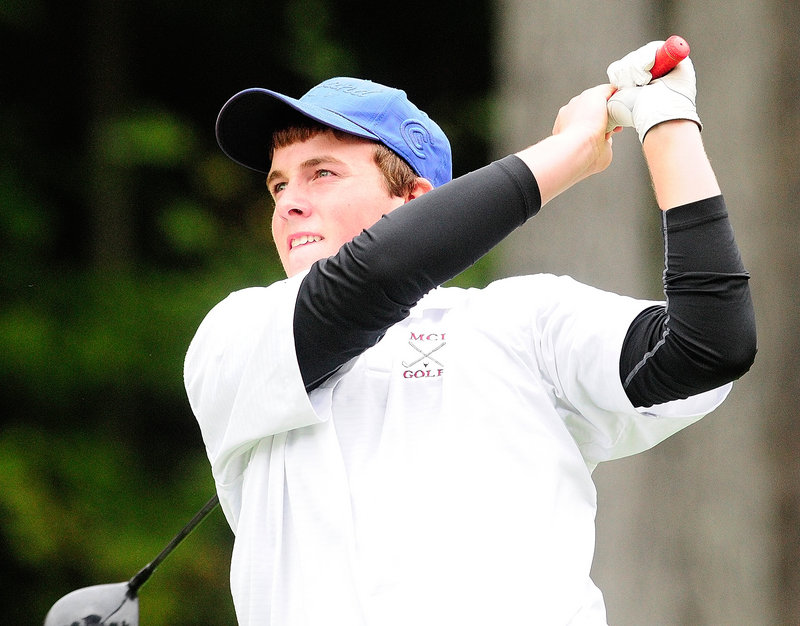 Gavin Dugas of Maine Central Institute watches a drive during the state tournament. Dugas shot a 74 as MCI tied for second but was placed third because of the tiebreaker.