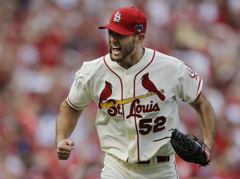 Cardinals pitcher Michael Wacha celebrates after escaping a bases-loaded jam in the sixth Saturday against the Dodgers in Game 2 of the NLCS. Wacha extended his scoreless streak over his last three starts to 22 2/3 innings as St. Louis won 1-0.