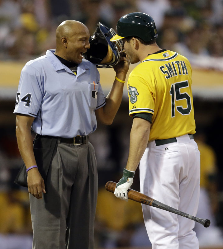 Seth Smith of Oakland may have wanted a word with the umpire early in the game, but the A’s were celebrating late, scoring in the ninth to beat Detroit 1-0 and even the series.