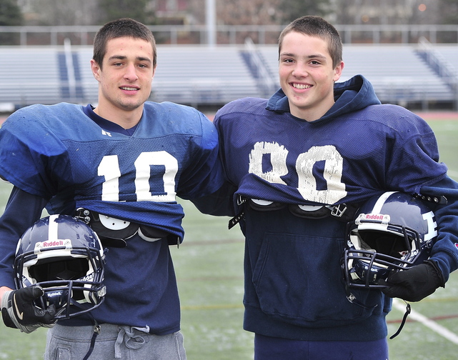 Justin Zukowski, left, a senior, and his cousin, sophomore Joe Esposito, have had an enjoyable season playing together for Portland High. They’ll take the field together for the final time Thursday against Deering.
