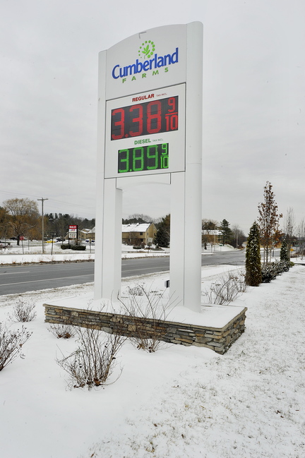 In this November 26, 2013 photo, the Cumberland Farms convenience store on Roure 1 in Yarmouth. Gas prices rose an average of 6 cents in a week across the state of Maine. At this station, the price rose 10 cents, but was still below the $3.45 per gallon state average.