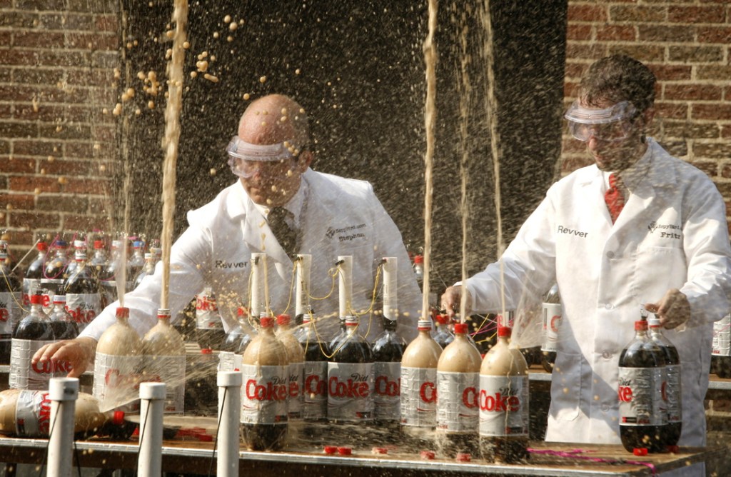 Stephen Voltz, left, and Fritz Grobe, both of Buckfield create a geyser effect from a combination of diet soda and Mentos mints during a taping of “Late Show with David Letterman”, in New York. The Associated Press
